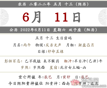 2022年农历五月十三时辰吉凶、时辰宜忌详解