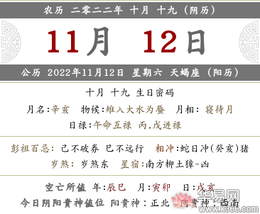 2022年农历十月十九喜神方位查询