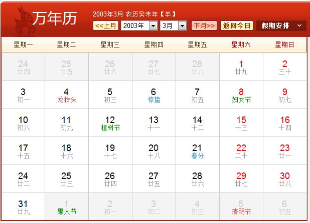 2003年农历阳历表 2003年日历表