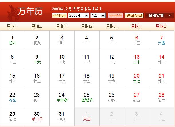 2003年农历阳历表 2003年日历表
