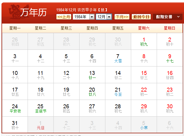 1984年农历阳历表 1984年日历带农历对照表