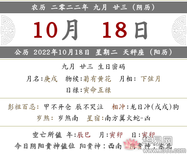 2022年农历九月二十三日的黄历时辰吉凶查询