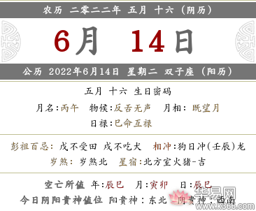 2022年农历五月十六日十二时辰吉凶查询