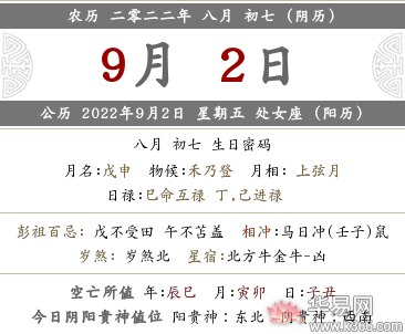 2022壬寅年八月初七当天时辰吉凶查询