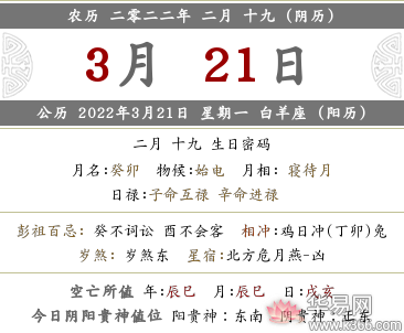 2022年农历二月十九各时辰宜忌、吉凶内容查询一览