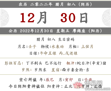 2022年农历十二月初八时辰吉凶、时辰宜忌查询详情表